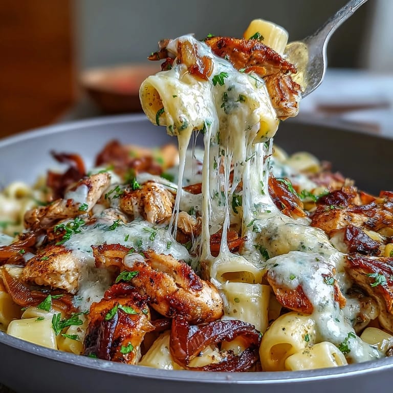 Cozy one-pot French Onion Chicken Pasta with golden chicken, sweet onions, and bubbling melted cheese topping.