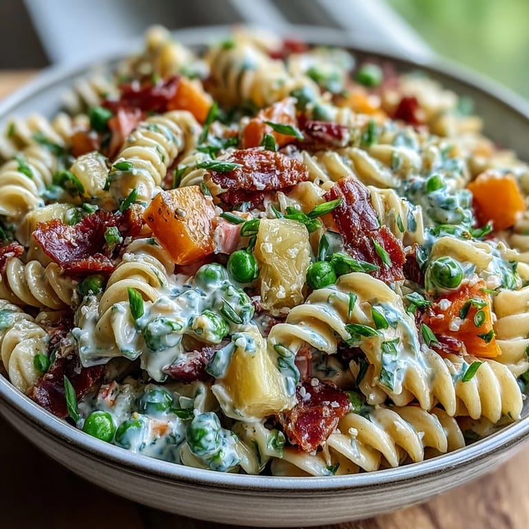 Colorful Hawaiian pasta salad featuring tender ham, sweet pineapple chunks, and crisp vegetables, all coated in tangy ranch dressing.  
