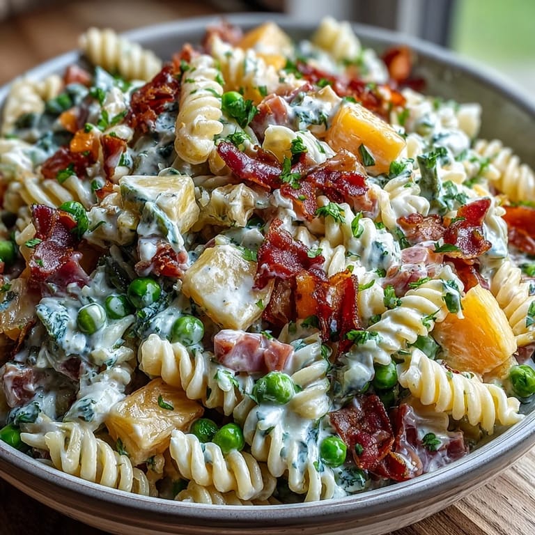 Refreshing Hawaiian pasta salad with diced ham, juicy pineapple, crunchy peppers, and creamy ranch, perfect for summer gatherings.