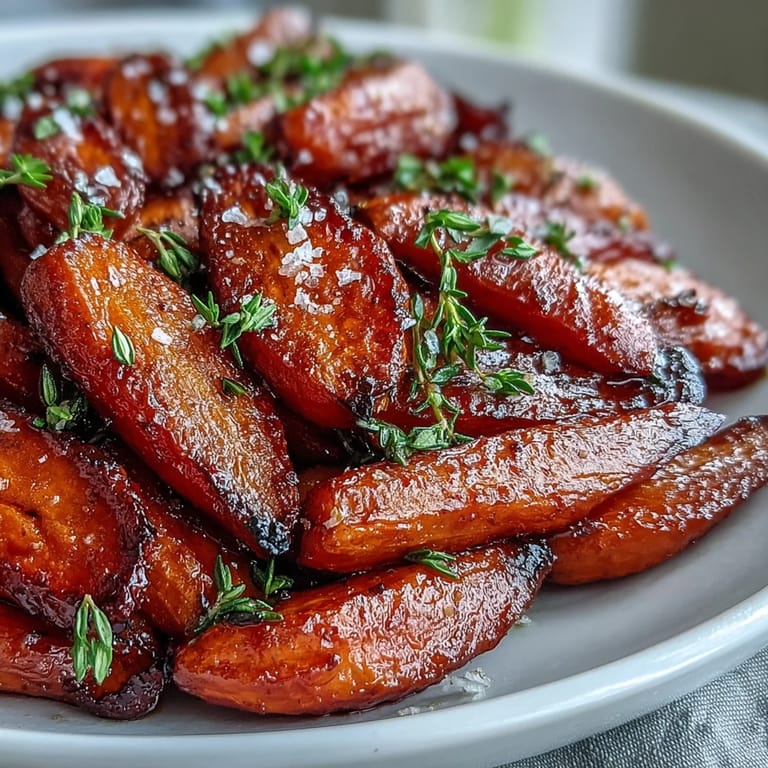 Oven-roasted carrots drizzled in honey and seasoned with thyme, offering a vibrant, caramelized side dish perfect for holidays.