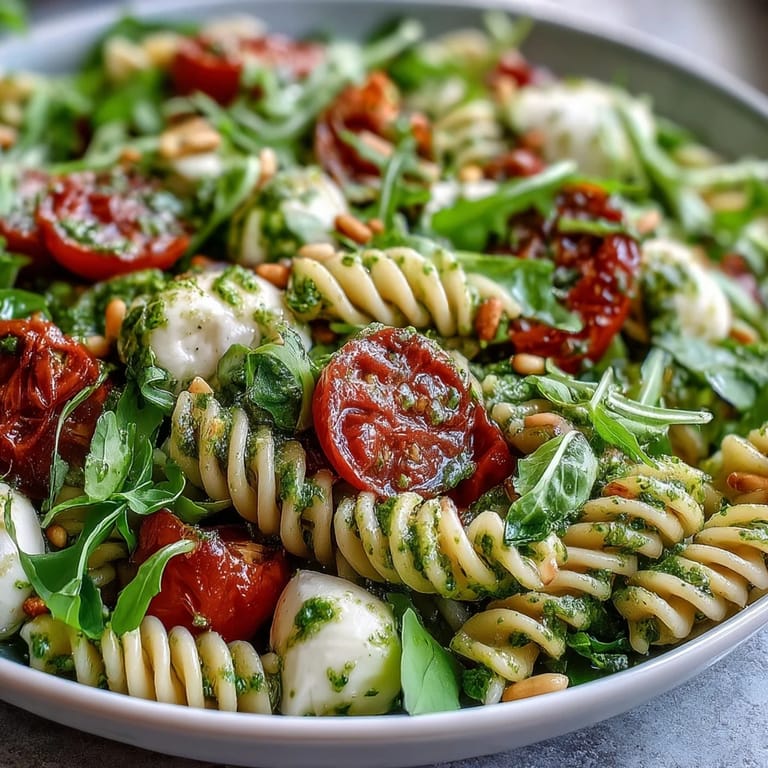 Vibrant pasta salad with basil pesto, juicy cherry tomatoes, and soft mozzarella balls, perfect for picnics or warm-weather meals.  