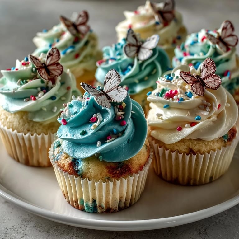 Spring cupcakes topped with vibrant pastel buttercream and edible butterfly decorations, ideal for Easter or garden parties.