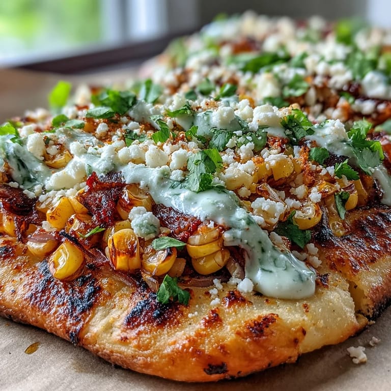 Colorful flatbread featuring street corn, zesty jalapeño crema, and crumbled cotija, served with lime wedges for a bright finish.