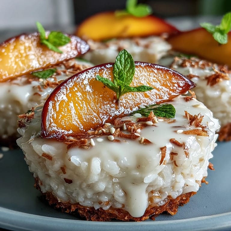 3. Glossy coconut-infused sticky rice paired with juicy mango slices, artfully arranged in cups for a modern Thai dessert.