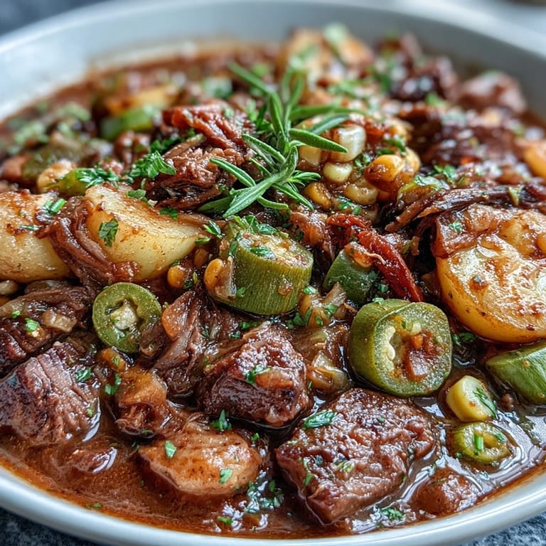 Hearty Kentucky Derby Burgoo Stew simmering with smoked paprika, tender chunks of meat, and a medley of Southern vegetables.