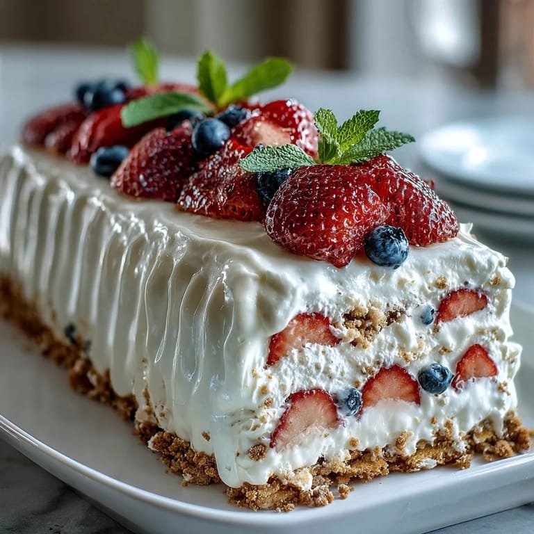Layers of creamy whipped topping and juicy strawberries between graham crackers create a refreshing summer dessert for celebrations.