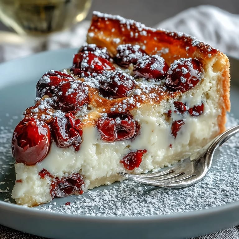 Slices of warm Fresh Cherry Clafoutis dusted with powdered sugar, showcasing the rustic French dessert with tender fruit and silky custard.
