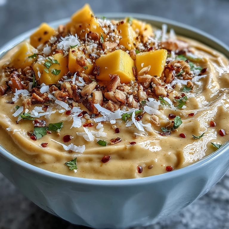 Spicy-sweet mango chili lime smoothie bowl garnished with diced mango, chia seeds, and mint leaves for a tropical flavor kick.
