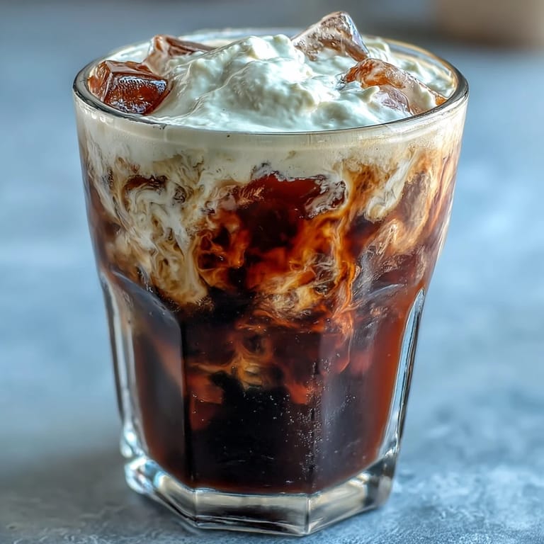 Visually appealing cold brew coffee with luscious vanilla sweet cream pouring over ice.