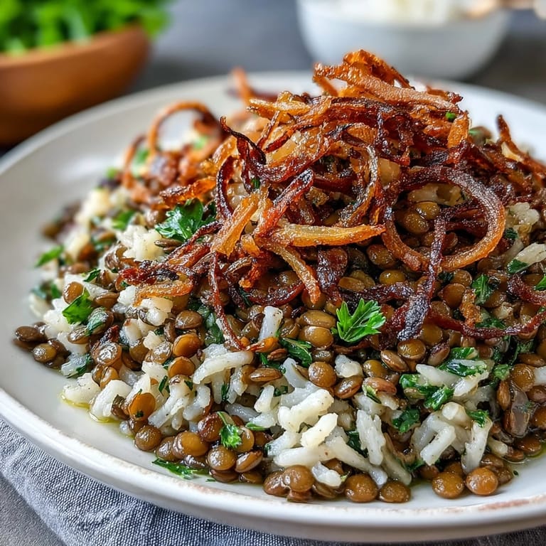 Enjoy this warm Levantine Mujadara with aromatic spices and a delightful crispy onion garnish.