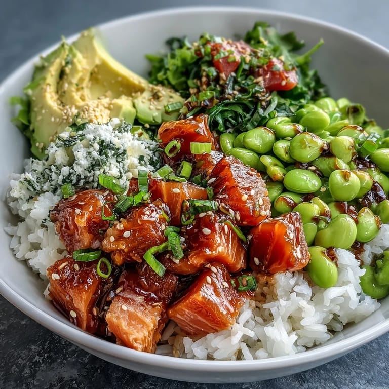 Colorful salmon poke bowl featuring creamy avocado, crisp edamame, and bright toppings.