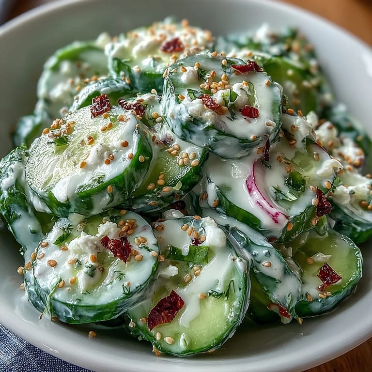 Refreshing viral cucumber salad featuring a creamy herbed dressing, a perfect side.