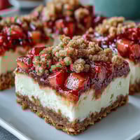 Freshly baked Strawberry Cheesecake Bars with a golden cinnamon streusel topping and a creamy, smooth center.