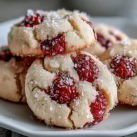 Soft Chewy Raspberry Sugar Cookies arranged on a white plate with fresh raspberries and mint, bright natural light.