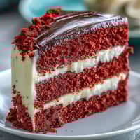 A slice of Betty Boop cake displays velvety red layers and smooth cream cheese buttercream, topped with black fondant hair and bright white eyes for a playful cartoon charm.