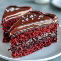 Freshly sliced Red Betty Boop Heart Cake reveals soft red crumb layers and velvety cream cheese frosting. A crisp dark chocolate silhouette crowns this playful American dessert, perfect for birthday parties or movie nights.