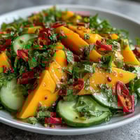 Bright strips of ripe mango, red bell pepper, and crisp cucumber tossed in a zesty lime-honey dressing, garnished with fresh cilantro and thin red chili slices.