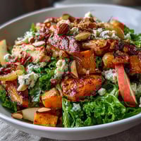 Fall Sweet Potato Harvest Bowl with roasted chicken, caramelized sweet potatoes, crisp apples, kale, goat cheese, almonds, and balsamic vinaigrette in a nourishing autumn meal.