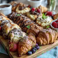 Vibrant Mother's Day brunch board with flaky pastries, fresh berries, and mimosas for a festive celebration.