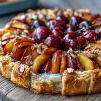 1. A rustic Summer Stone Fruit Galette with Frangipane, showcasing golden, flaky pastry wrapped around juicy peaches, plums, and cherries.  