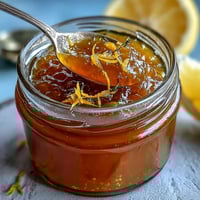 A golden jar of dandelion jelly with fresh lemon and honey, perfect for spreading on warm toast or biscuits.