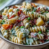 Hawaiian pasta salad with ham, pineapple, and ranch in a creamy, tropical dressing, garnished with fresh parsley.  