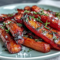 Honey Glazed Roasted Carrots with Thyme—golden and tender, glistening with a sweet honey glaze and fresh thyme sprigs.