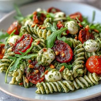 Summer pasta salad with pesto, cherry tomatoes, and mozzarella, featuring bright green pesto and creamy cheese in a light, fresh dish.  