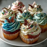 Delicate vanilla cupcakes with pastel butterfly buttercream swirls, perfect for spring celebrations.