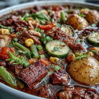 A steaming bowl of Kentucky Derby Burgoo Stew, rich with tender beef, pork, and chicken, surrounded by colorful vegetables.  