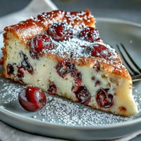 A golden-brown Fresh Cherry Clafoutis baked to perfection with juicy red cherries peeking through the creamy vanilla custard.