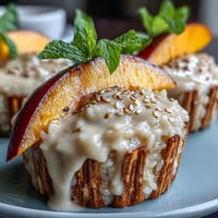 1. Creamy coconut sticky rice topped with ripe mango slices in elegant dessert cups, perfect for a Thai-inspired treat.